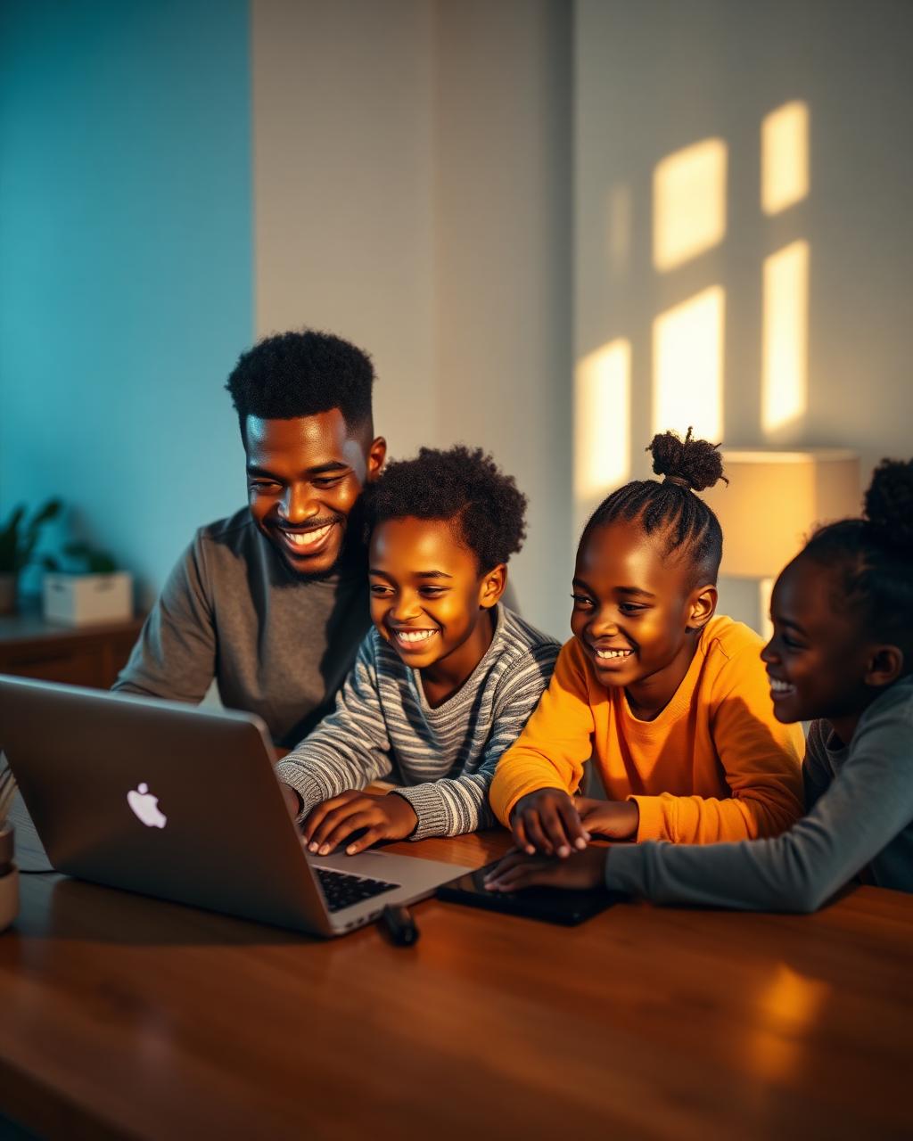 Black family coding together on two laptops